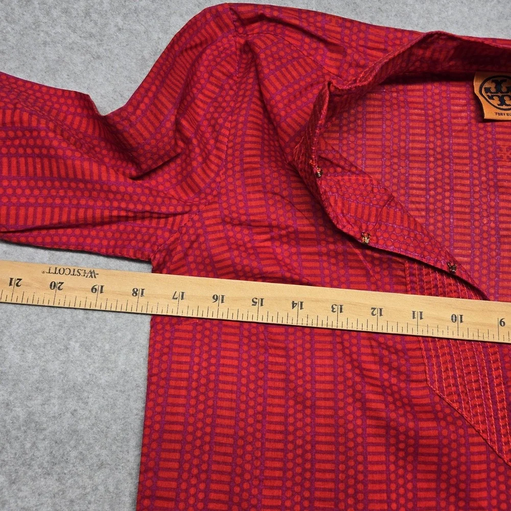 Tory Burch Dress Womens 2 Red Geometric Print Tunic Split Neck Waist Tie Boho‎